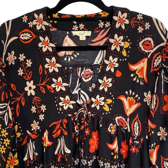 Easel Black Floral Boho Blouse Womens Size Small Ruffle Rayon Tie Tunic Top Fall - Picture 3 of 10